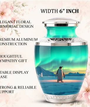 Northern Lights Penguin Cremation Urn for Human Ashes, Personalized Memorial Urn