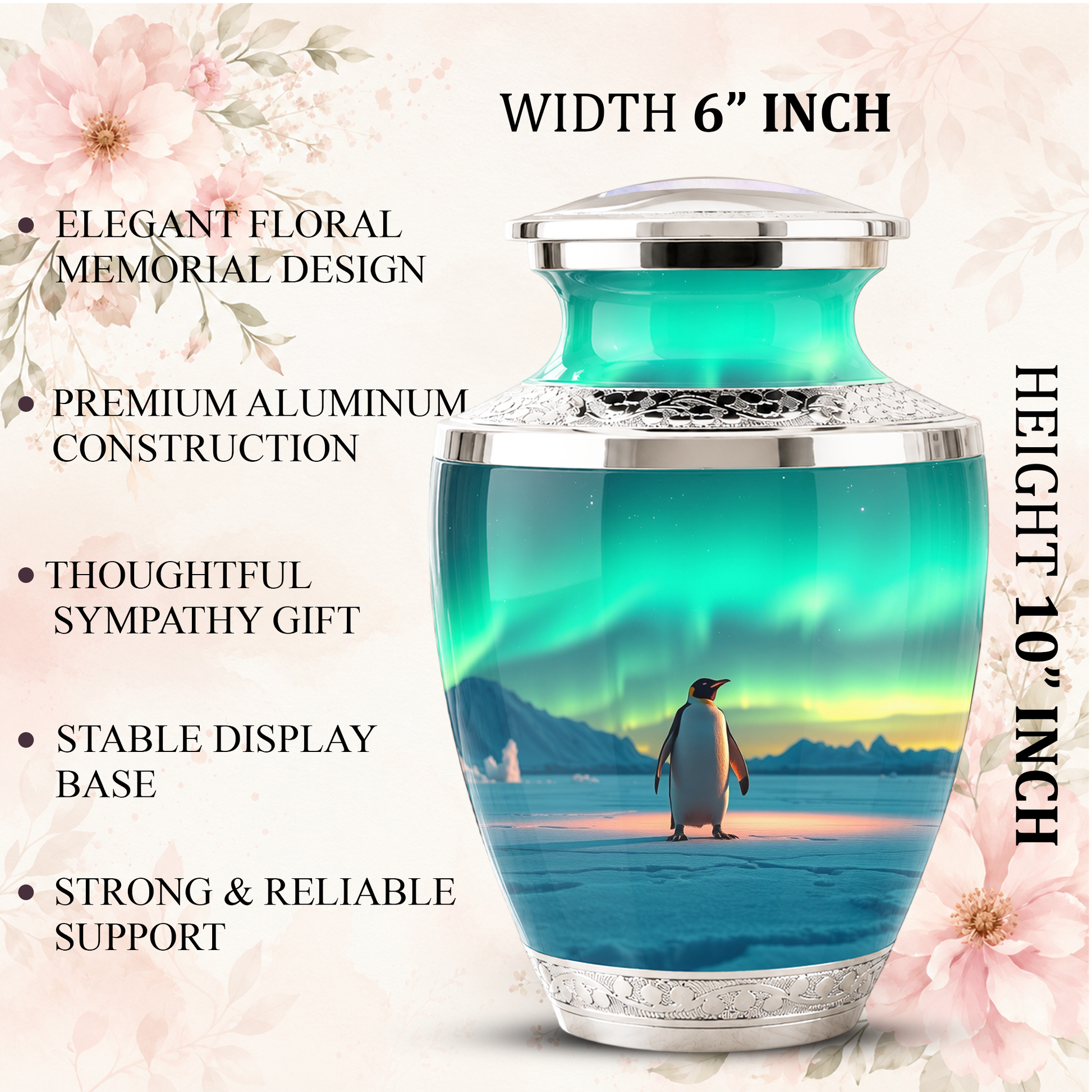 Northern Lights Penguin Cremation Urn for Human Ashes, Personalized Memorial Urn