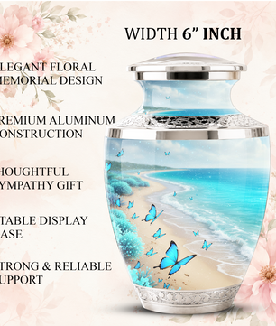 Blue Butterfly Beach Cremation Urn for Ashes - Custom Memorial Urn for Female