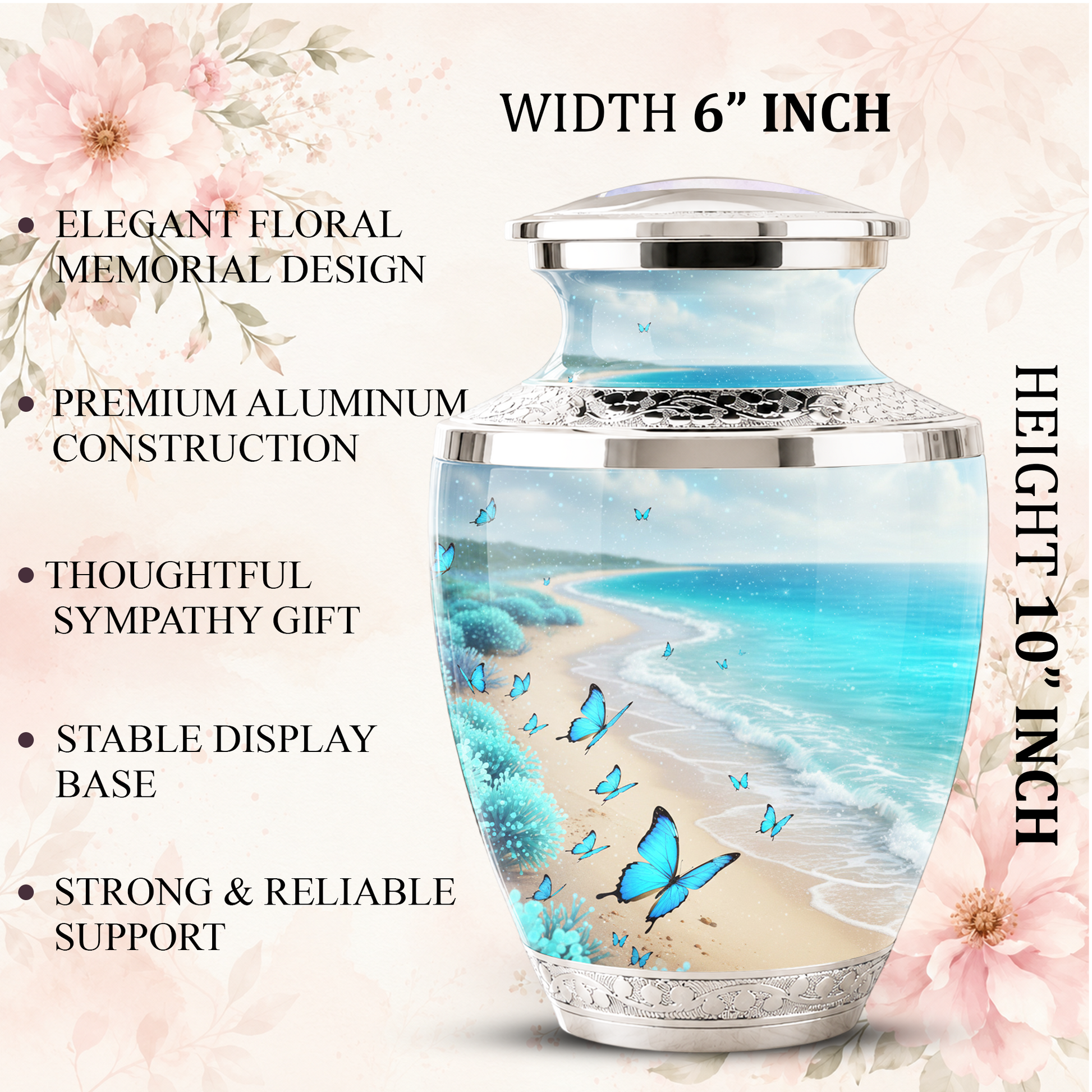 Blue Butterfly Beach Cremation Urn for Ashes - Custom Memorial Urn for Female
