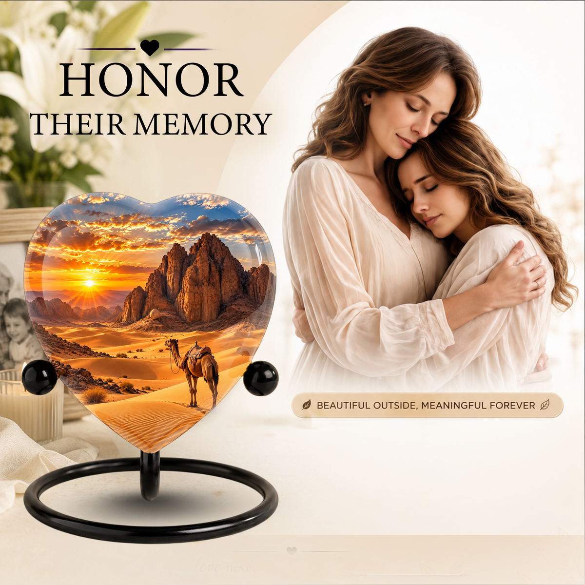 Desert Camel Cremation Urn for Ashes, Desert Memorial Urn, Camel Sunset Urn, Heart Shaped Cremation Urn