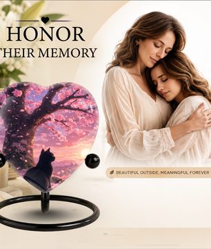 Cherry Blossom Cat Memorial Urn – Black Cat Sunset Heart Urn,Cat Memorial Keepsake Urn for Ashes