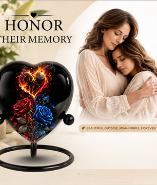 Fire and Roses Adult Cremation Urn for Ashes, Personalized Heart Urn, Red & Blue Rose Memorial Urn, Flame Cremation Urn, Adult Urn