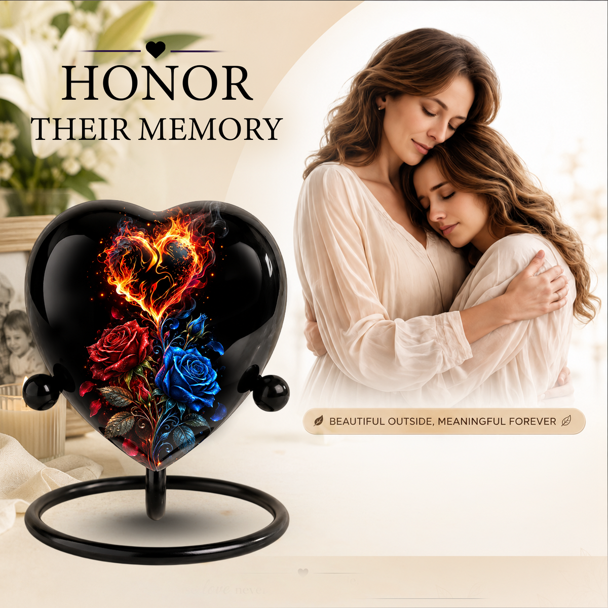 Fire and Roses Adult Cremation Urn for Ashes, Personalized Heart Urn, Red & Blue Rose Memorial Urn, Flame Cremation Urn, Adult Urn