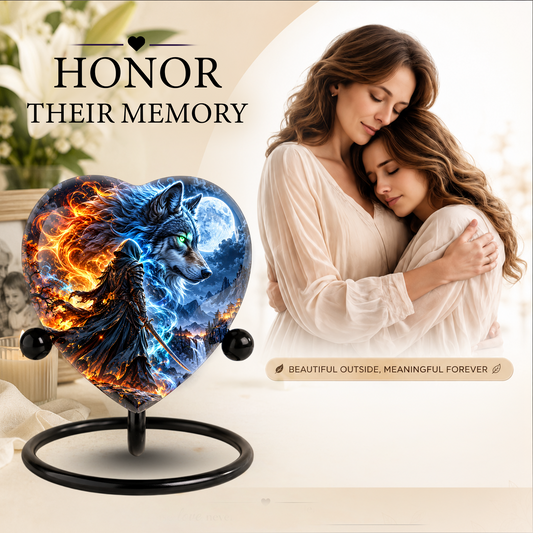 Wolf Adult Urn for Ashes, Fire and Ice Wolf Memorial Urn, Blue Moon Fantasy Cremation Urn