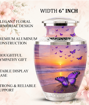 Purple Butterfly Beach Cremation Urn for Mom, Purple Beach Butterfly Memorial Urn for Women