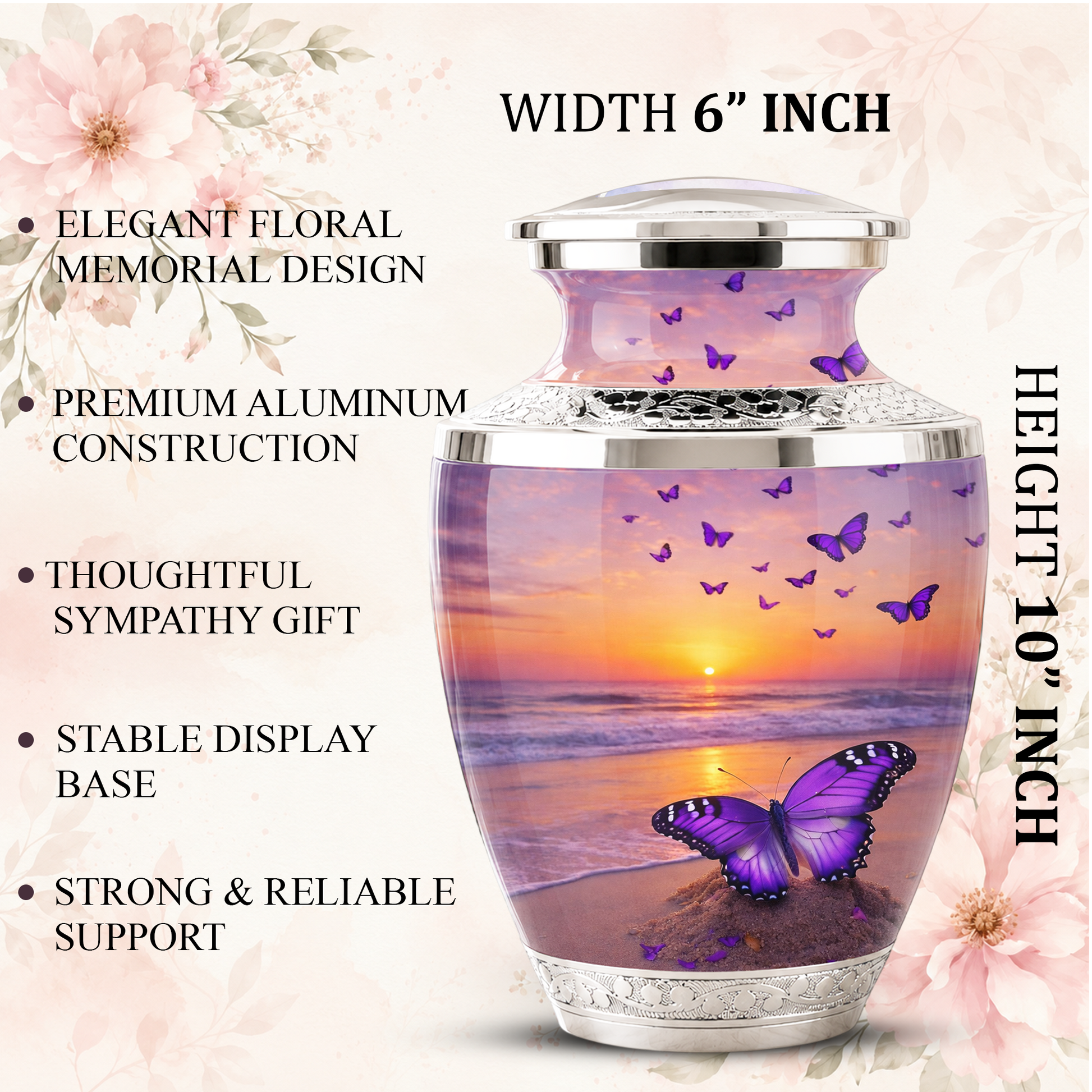 Purple Butterfly Beach Cremation Urn for Mom, Purple Beach Butterfly Memorial Urn for Women