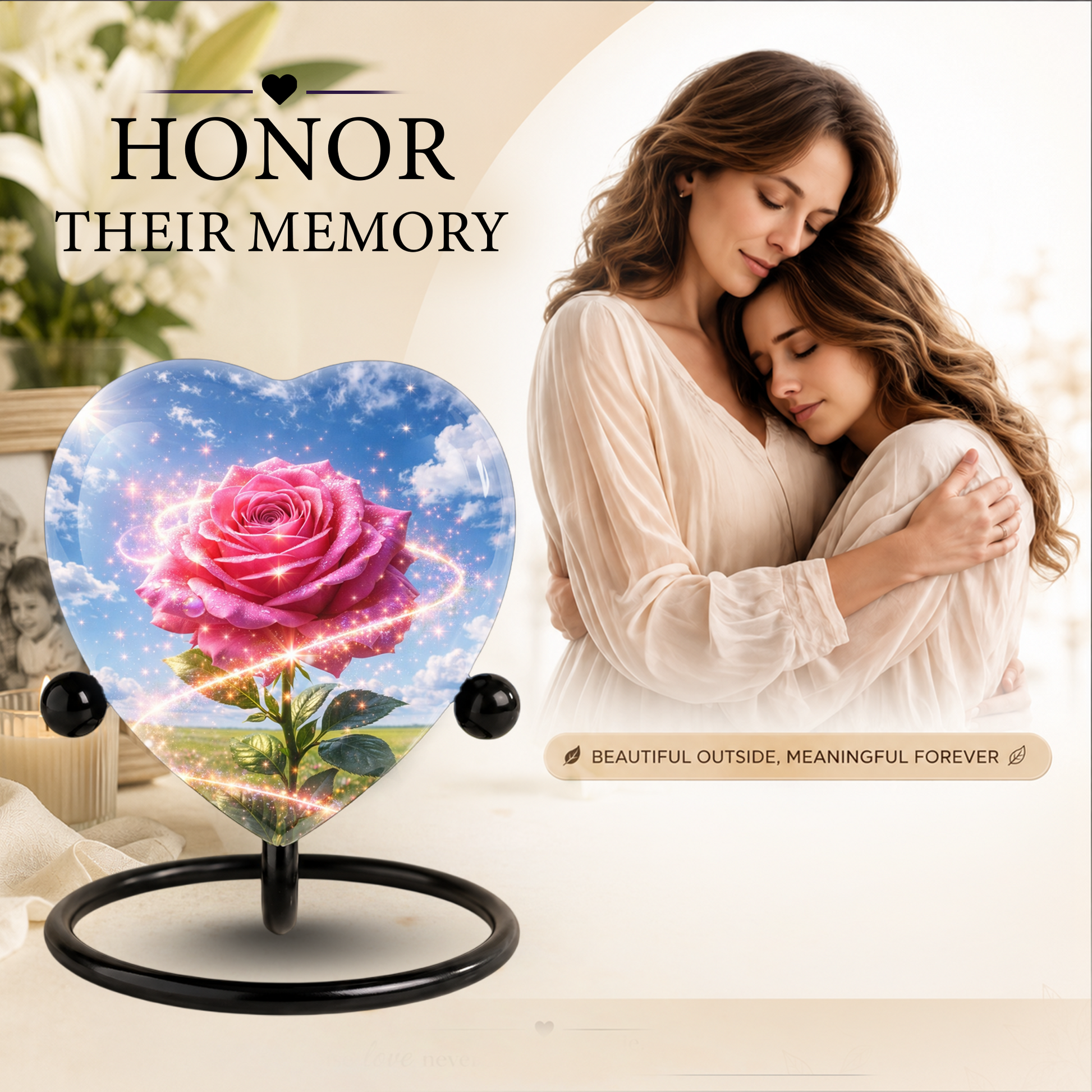 Pink Rose Heart Urn for Mom – Personalized Keepsake Urn for Mom, Beautiful Cremation Urn for Women