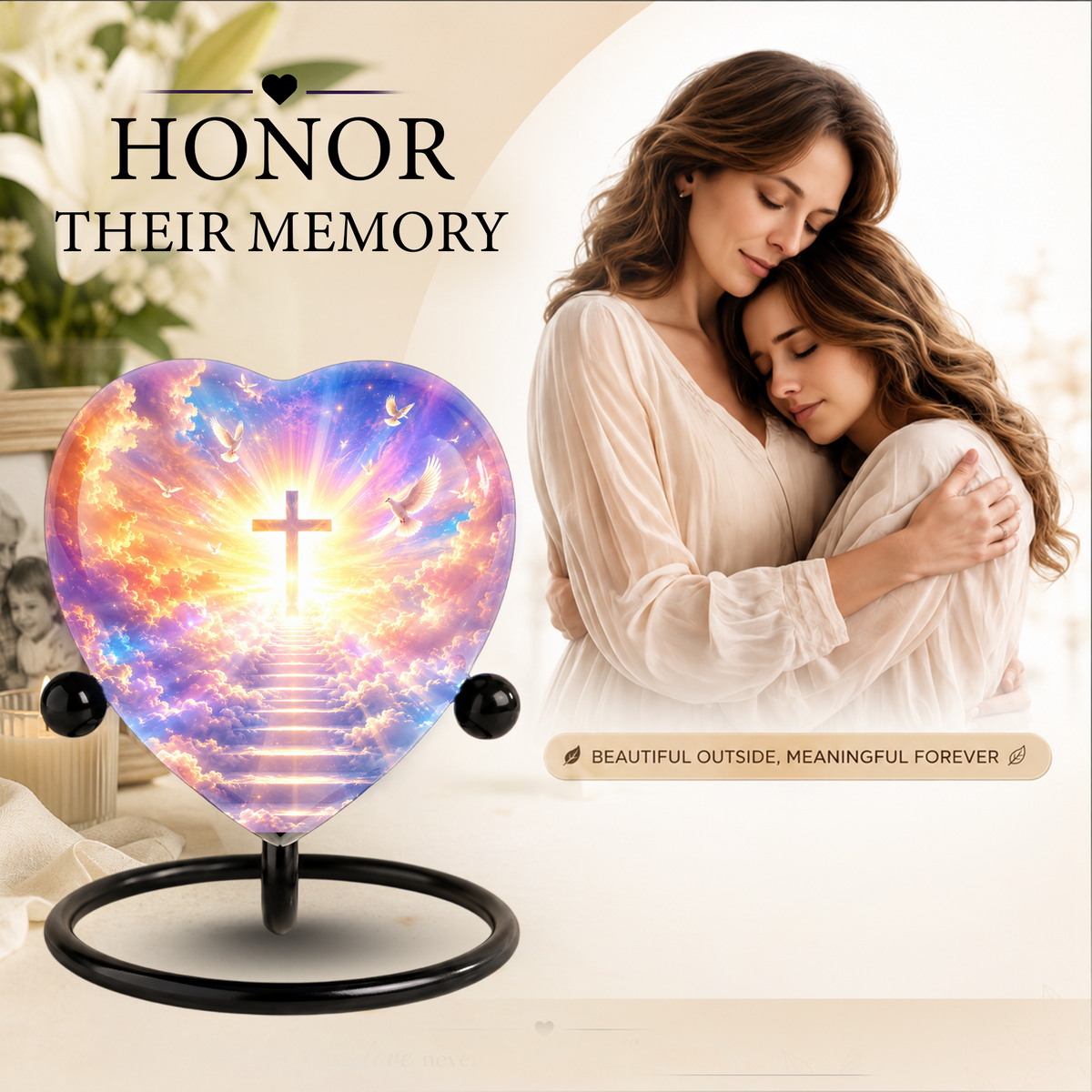 Christian Cross Cremation Urn, Heavenly Memorial Urn, Heart-Shaped Adult Cremation Urn