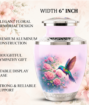Floral Hummingbird Cremation Urn for Mom, Pink Rose Memorial Keepsake Urn