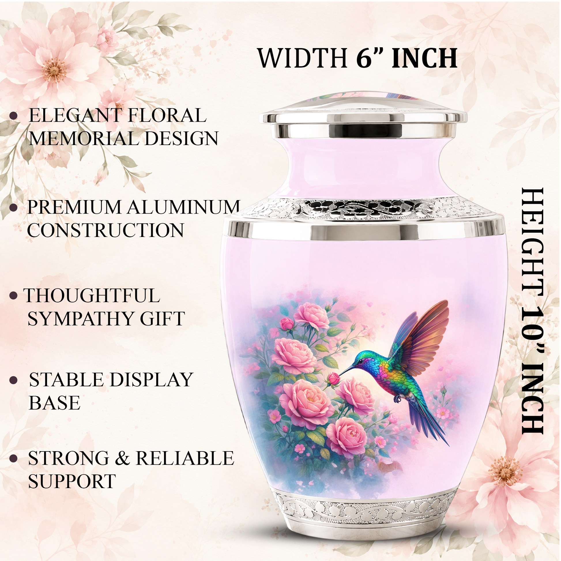 Floral Hummingbird Cremation Urn for Mom, Pink Rose Memorial Keepsake Urn