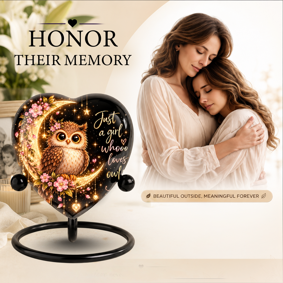Owl Adult Cremation Urn for Ashes, Personalized Owl Memorial Urn, Heart Shaped Adult Urn, Owl Lover Cremation Urn, Floral Animal Urn