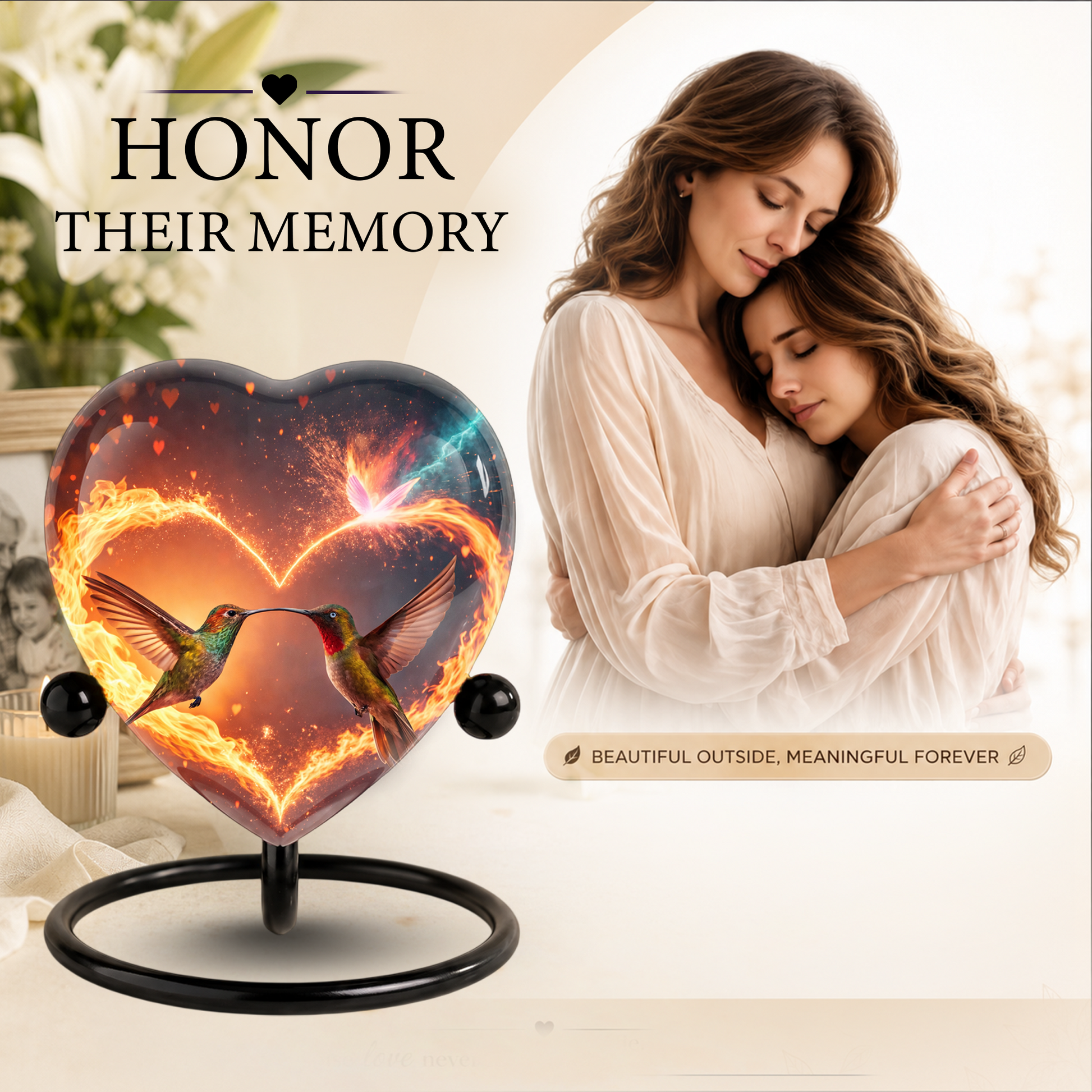 Heart-Shaped Adult Cremation Urn with Hummingbird Memorial Design – Beautiful Memorial Urn for Ashes