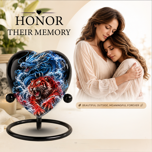 Dragon Tiger Heart Cremation Urn for Ashes, Personalized Adult Memorial Urn Heart Shaped Adult Cremation Urn