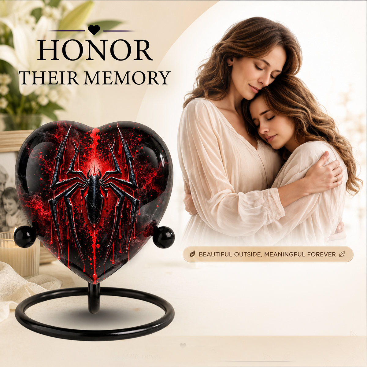 Spider Cremation Urn for Ashes, Gothic Spider Urn, Black Spider Memorial Urn, Red Spider Web Urn, Dark Fantasy Adult Urn, Personalized Heart Urn
