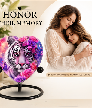 White Tiger Urn – Tiger Cremation Urn, Heart-Shaped Memorial Urn with Pink Roses