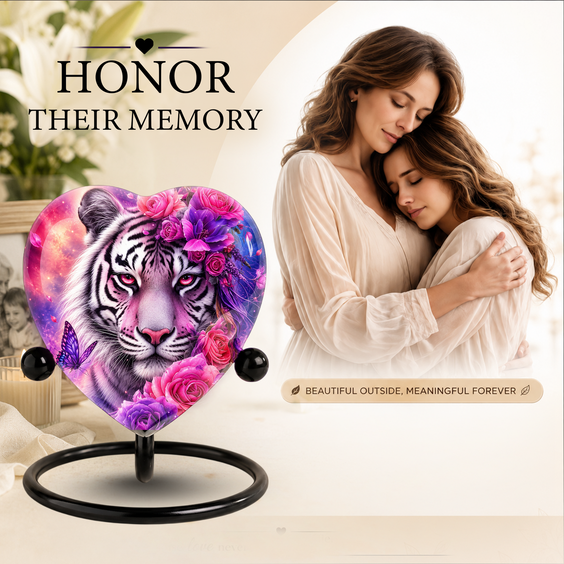 White Tiger Urn – Tiger Cremation Urn, Heart-Shaped Memorial Urn with Pink Roses