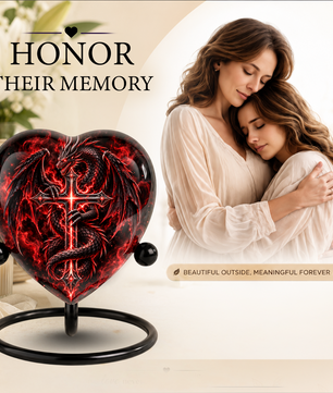 Red Dragon Cremation Urn for Ashes, Dragon Cross Memorial Urn, Gothic Fantasy Adult Urn, Personalized Dragon Urn for Men, Heart Shaped Urn