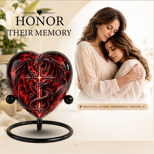 Red Dragon Cremation Urn for Ashes, Dragon Cross Memorial Urn, Gothic Fantasy Adult Urn, Personalized Dragon Urn for Men, Heart Shaped Urn