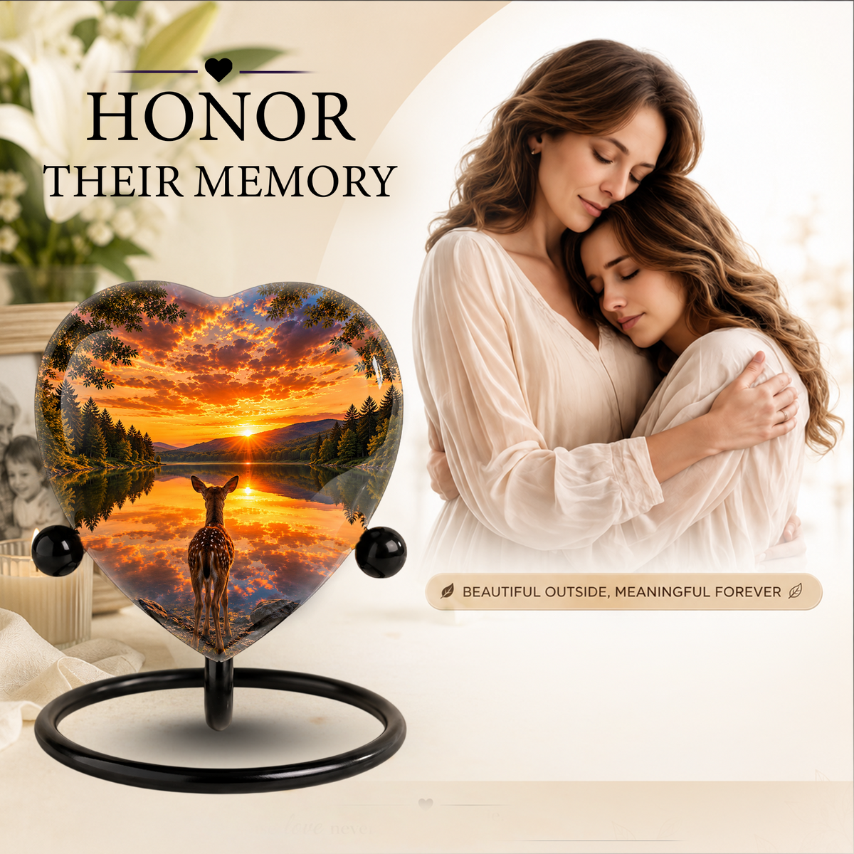 Deer Urn for Ashes, Heart Shaped Adult Cremation Urn, Personalized Deer Memorial Urn