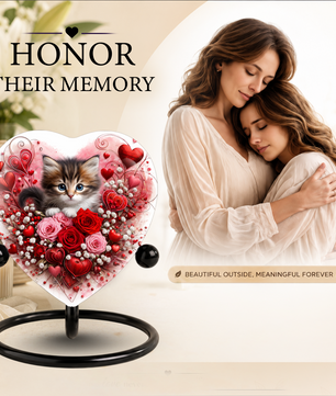 Personalized Cat Urn for Ashes – Heart-Shaped Kitten & Rose Memorial, Custom Pet Urn for Cat