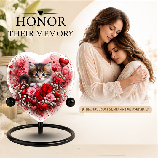 Personalized Cat Urn for Ashes – Heart-Shaped Kitten & Rose Memorial, Custom Pet Urn for Cat