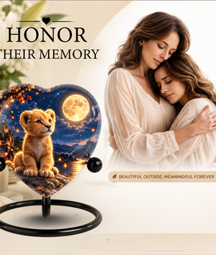 Lion Cub Adult Urn for Ashes, Baby Lion Memorial Urn, Golden Moon and Mountain Cremation Urn