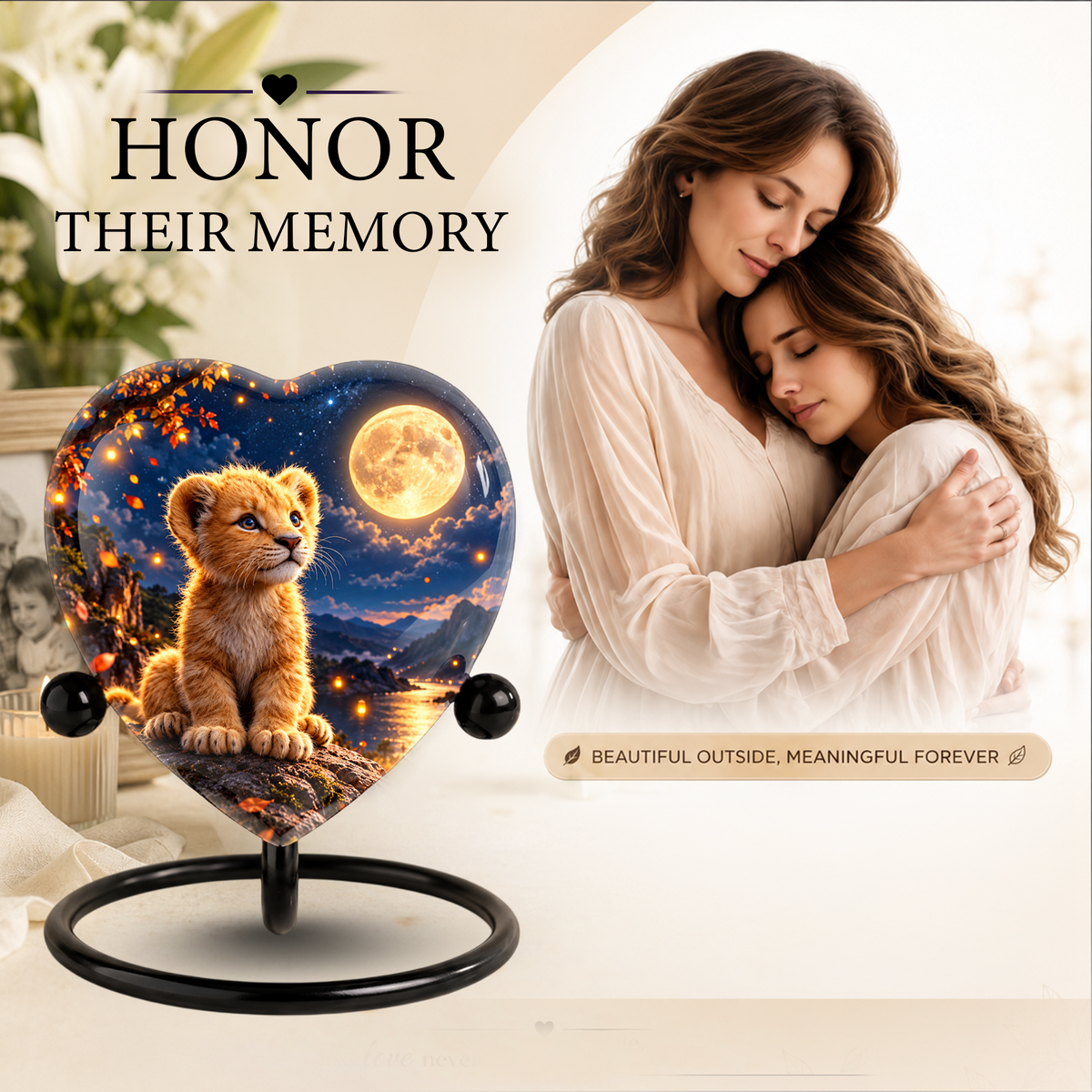 Lion Cub Adult Urn for Ashes, Baby Lion Memorial Urn, Golden Moon and Mountain Cremation Urn