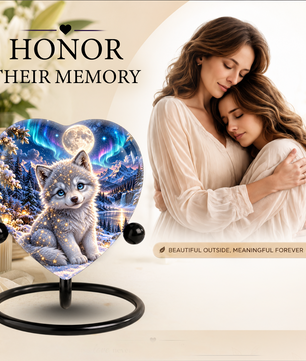 Heart Shaped Wolf Urn for Ashes, White Wolf Puppy Cremation Urn, Northern Lights Pet Memorial Urn