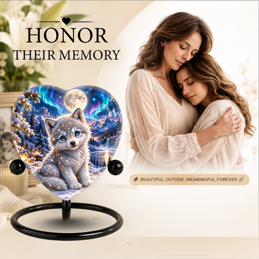 Heart Shaped Wolf Urn for Ashes, White Wolf Puppy Cremation Urn, Northern Lights Pet Memorial Urn