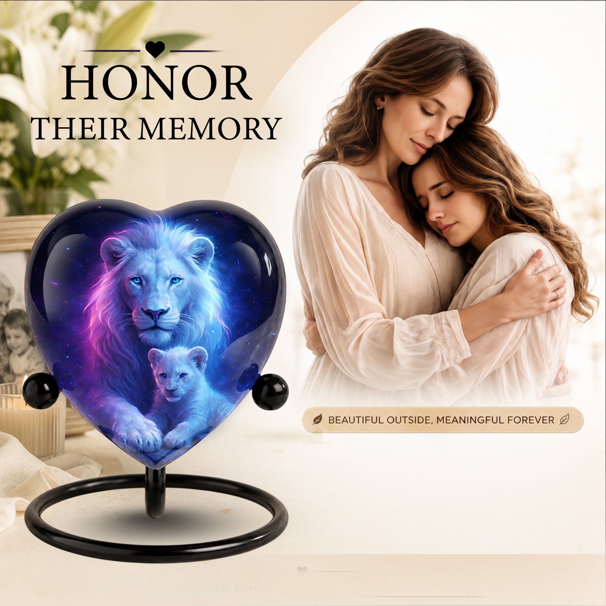 White Lion and Lion Cub Heart Memorial Urn – Adult Urn, Urns for Adult Ashes