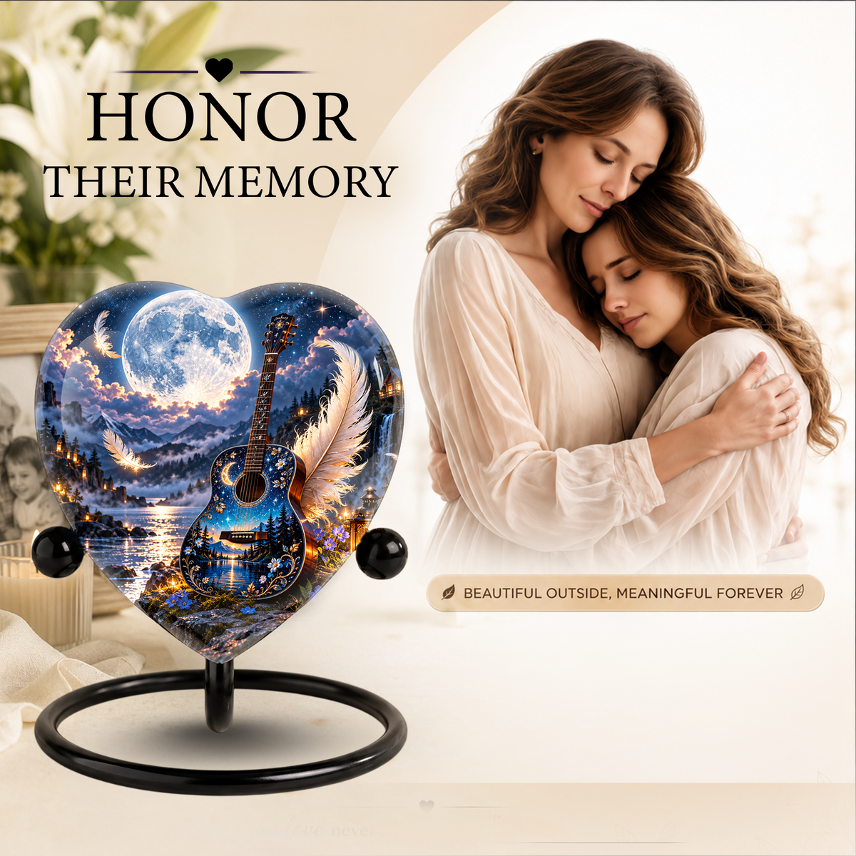 Guitar Cremation Urn for Ashes, Music Memorial Urn, Personalized Guitar Urn, Heart Shaped Memorial Urn