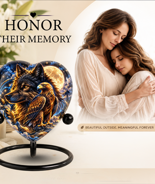 Heart Shaped Wolf and Eagle Urn for Ashes, Wildlife Cremation Urn, Celestial Moon Animal Memorial Urn