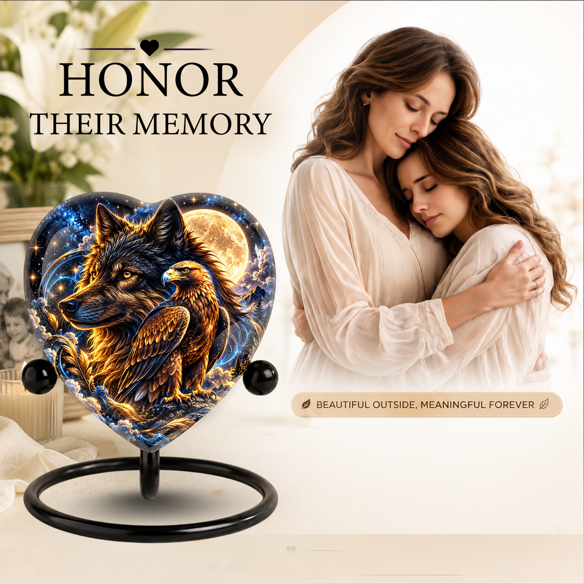 Heart Shaped Wolf and Eagle Urn for Ashes, Wildlife Cremation Urn, Celestial Moon Animal Memorial Urn