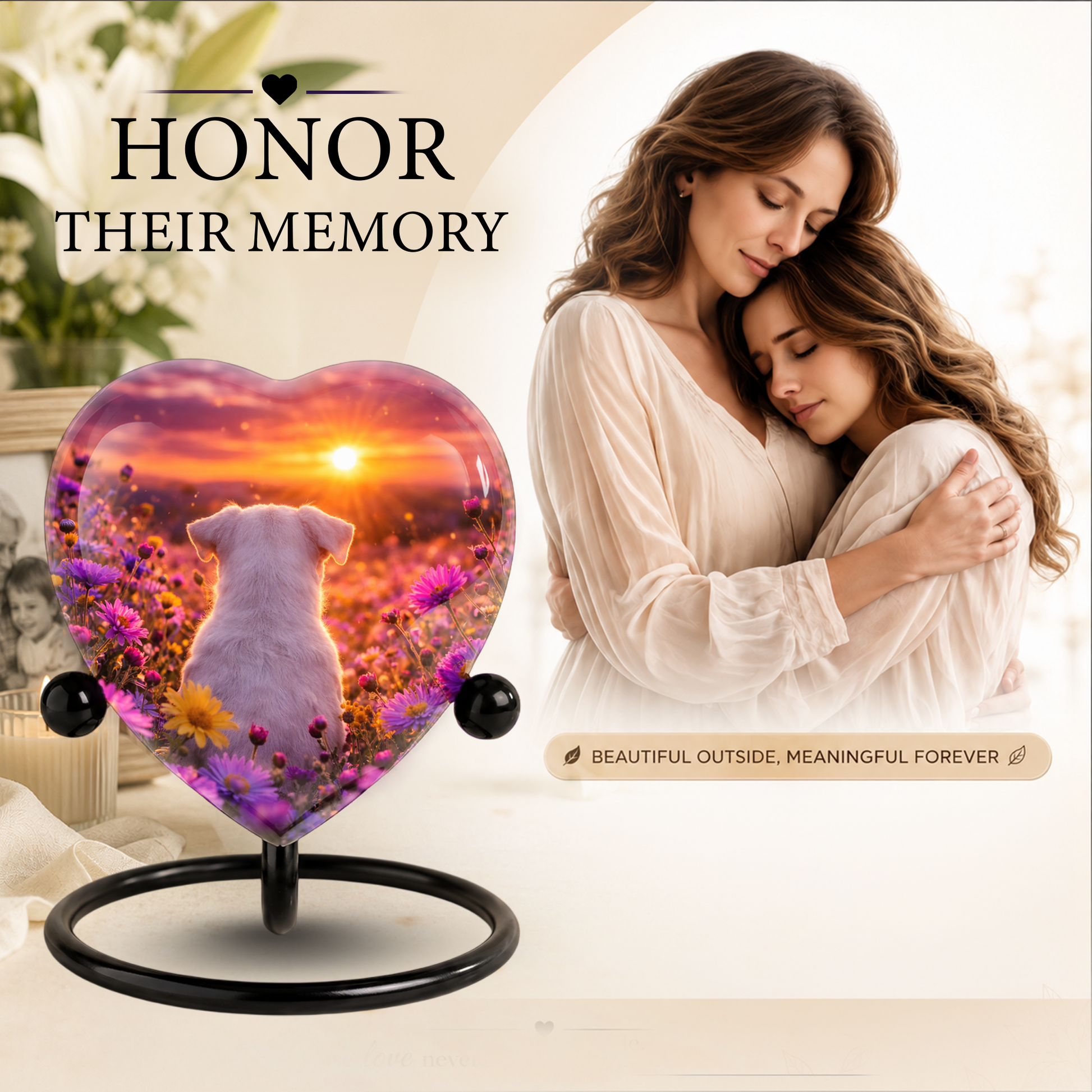 Sunset Rainbow Bridge Dog Adult Urn for Human Ashes – Heart-Shaped Memorial Adult Cremation Urn