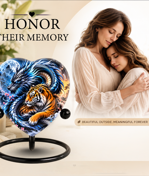 Heart Shaped Dragon and Tiger Urn for Ashes, Fantasy Animal Cremation Urn, Blue Dragon Tiger Memorial Urn for Human Ashes