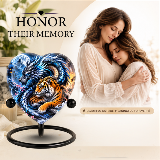 Heart Shaped Dragon and Tiger Urn for Ashes, Fantasy Animal Cremation Urn, Blue Dragon Tiger Memorial Urn for Human Ashes
