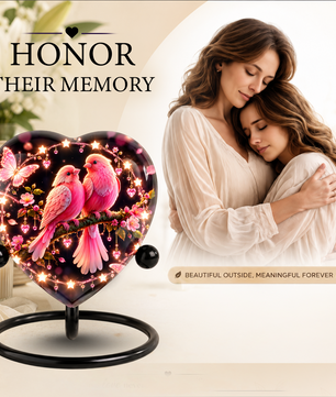 Heart Shaped Pink Birds Urn for Ashes, Butterfly Cremation Urn, Romantic Love Birds Memorial Urn for Human Ashes