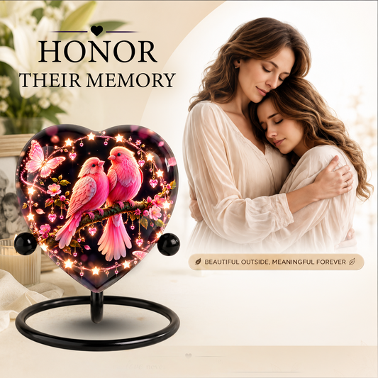 Heart Shaped Pink Birds Urn for Ashes, Butterfly Cremation Urn, Romantic Love Birds Memorial Urn for Human Ashes