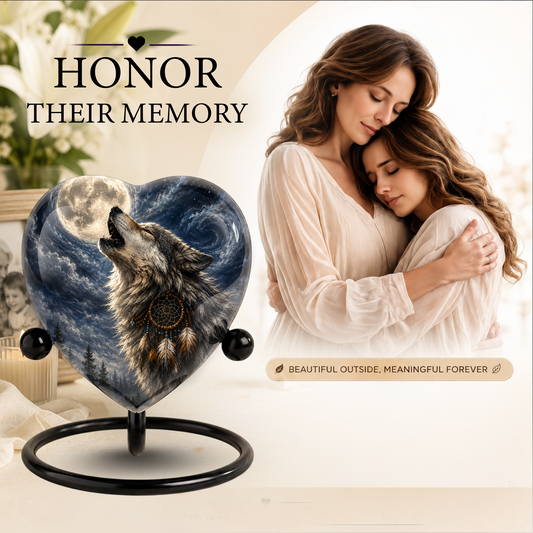 Wolf Heart Adult Urn for Ashes – Howling Wolf Memorial Cremation Urn with Full Moon