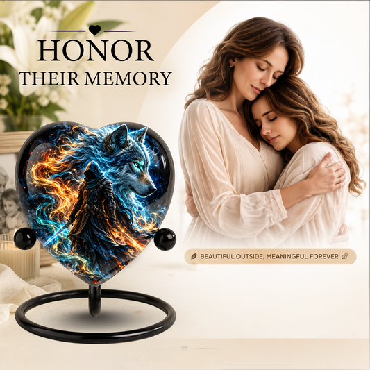Wolf Warrior Heart Cremation Urn for Ashes, Personalized Adult Memorial Urn,