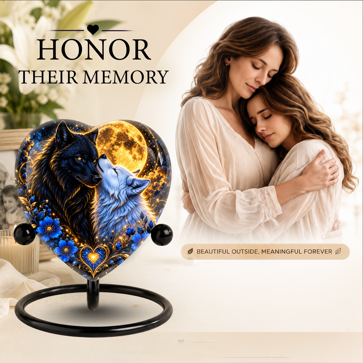 Wolf Couple Heart Cremation Urn for Ashes, Personalized Adult Memorial Urn, Wolf Urn for Couples