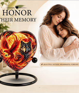 Heart Shaped Wolf and Phoenix Urn for Ashes, Personalized Fantasy Cremation Urn