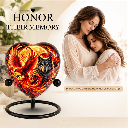 Heart Shaped Wolf and Phoenix Urn for Ashes, Personalized Fantasy Cremation Urn
