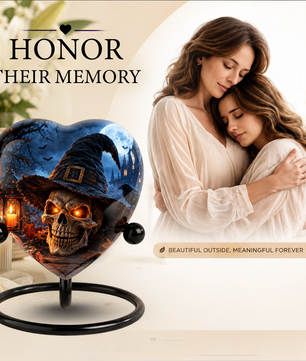 Halloween Skull Cremation Urn for Ashes, Witch Hat Heart Urn, Gothic Memorial Urn, Spooky Halloween Urn, Personalized Skull Urn