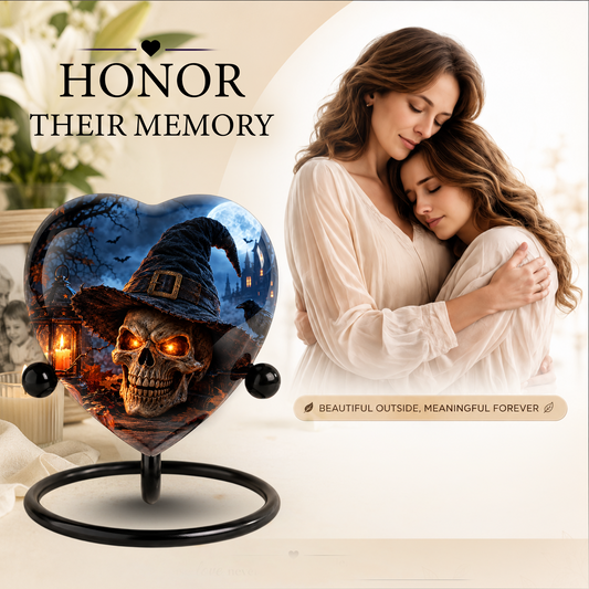 Halloween Skull Cremation Urn for Ashes, Witch Hat Heart Urn, Gothic Memorial Urn, Spooky Halloween Urn, Personalized Skull Urn