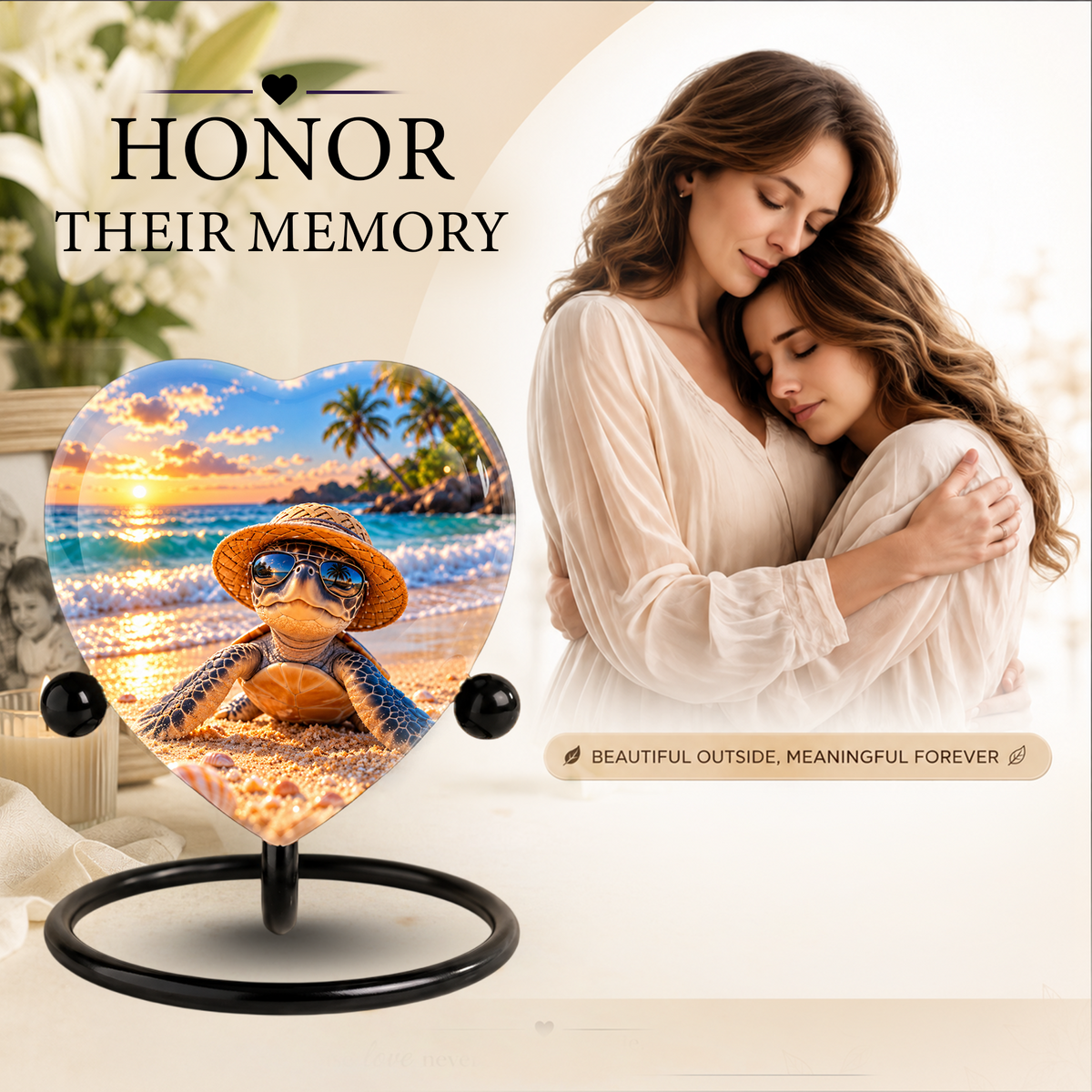 Turtle Beach Cremation Urn for Ashes, Sea Turtle Memorial Urn, Ocean Sunset Urn, Heart Shaped Cremation Urn,