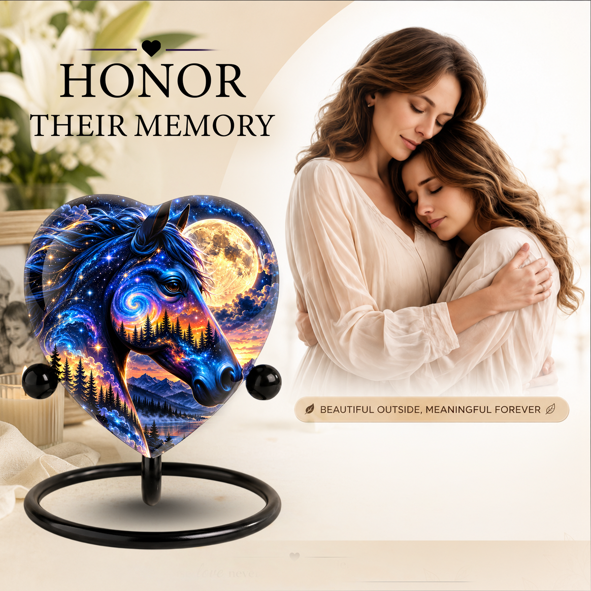 Galaxy Horse Heart Cremation Urn for Ashes, Personalized Adult Memorial Urn Heart Shaped Horse Urn, Nature Memorial