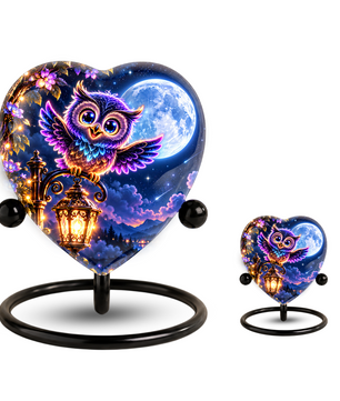 Heart-Shaped Owl Cremation Urn for Ashes – Personalized Night Sky Memorial Urn