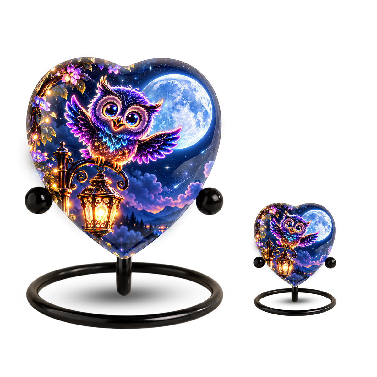 Heart-Shaped Owl Cremation Urn for Ashes – Personalized Night Sky Memorial Urn